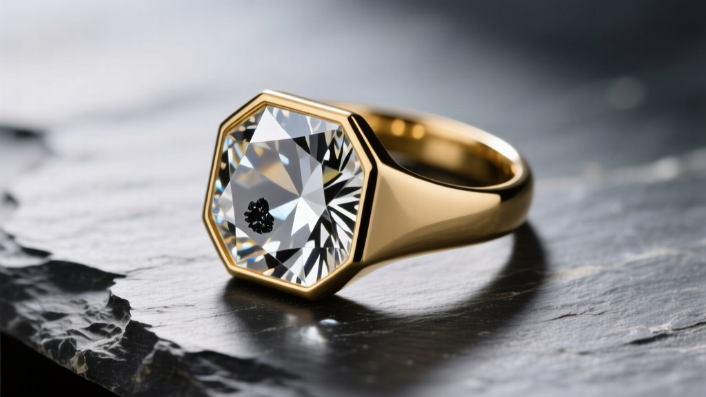 Raw octahedral diamond in a matte gold bezel ring on slate, showing natural triangular growth lines and carbon inclusions.