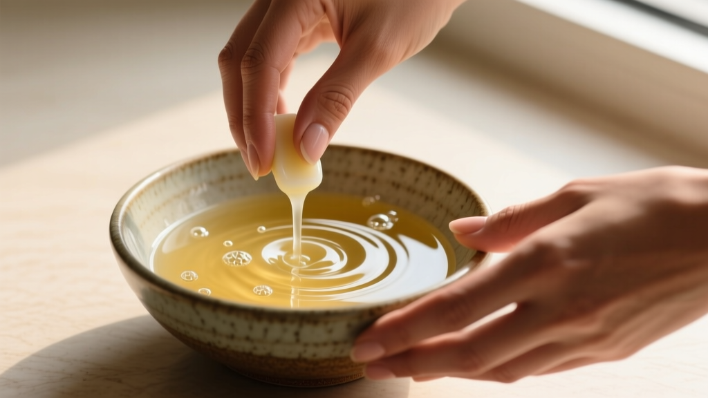 Close-up of hands mixing distilled water and plant-based castile soap in a ceramic bowl to create a gentle jewelry soak.