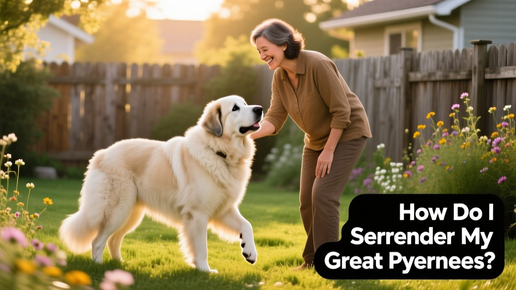 A friendly, experienced foster caregiver introducing a Great Pyrenees to a safe, sunlit backyard