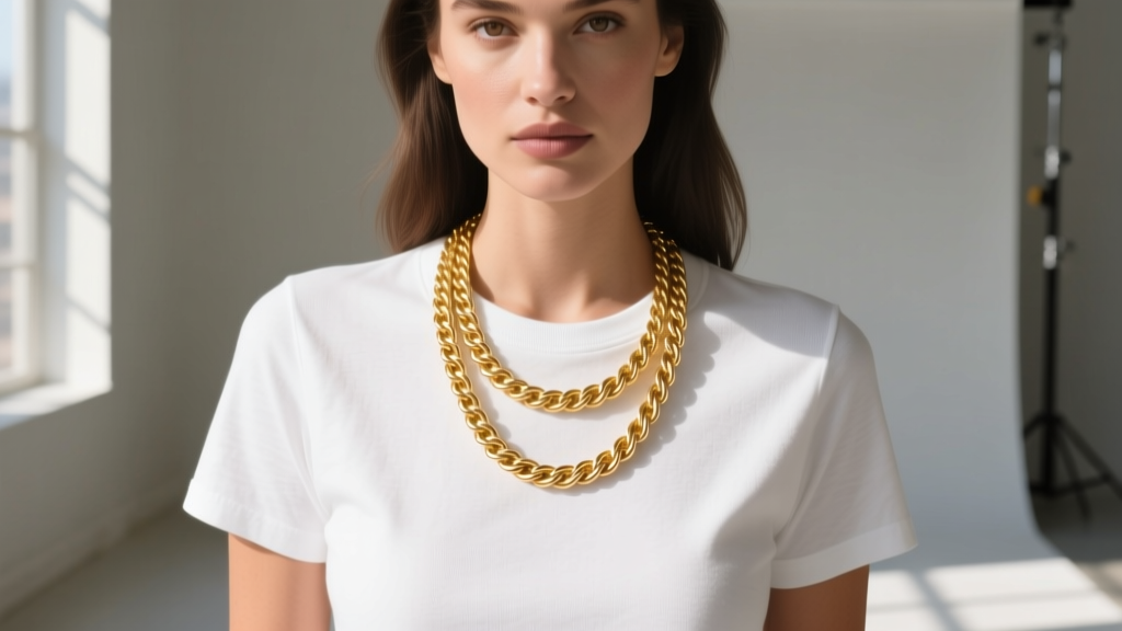 Woman wearing an adjustable 18-inch 14k gold rope chain necklace layered perfectly over a crisp white cotton crewneck t-shirt