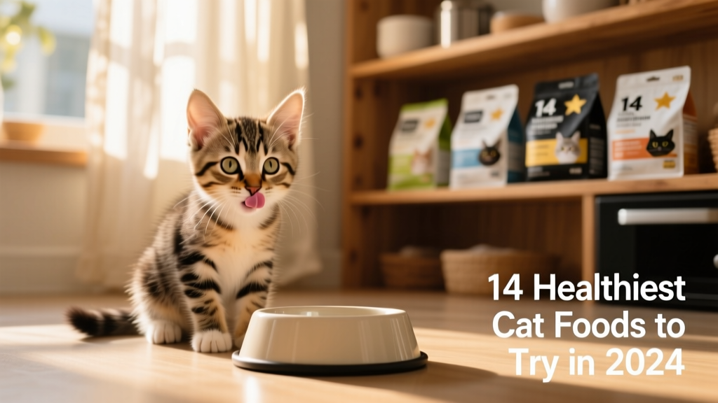 A kitten licking its lips beside an empty food bowl