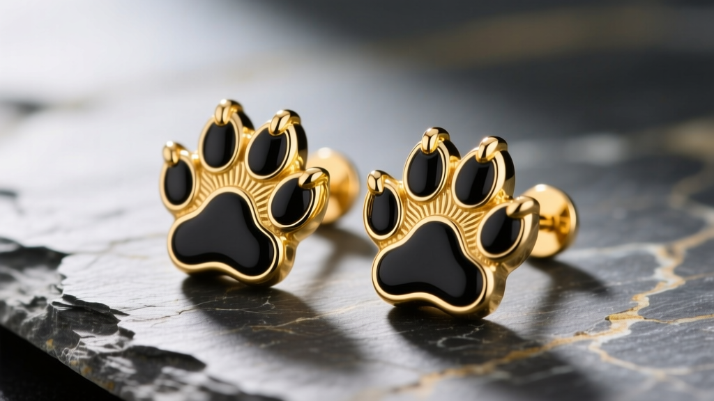 Macro shot of 14k solid gold dog paw earrings with black enamel toe beans on textured slate under soft directional lighting.