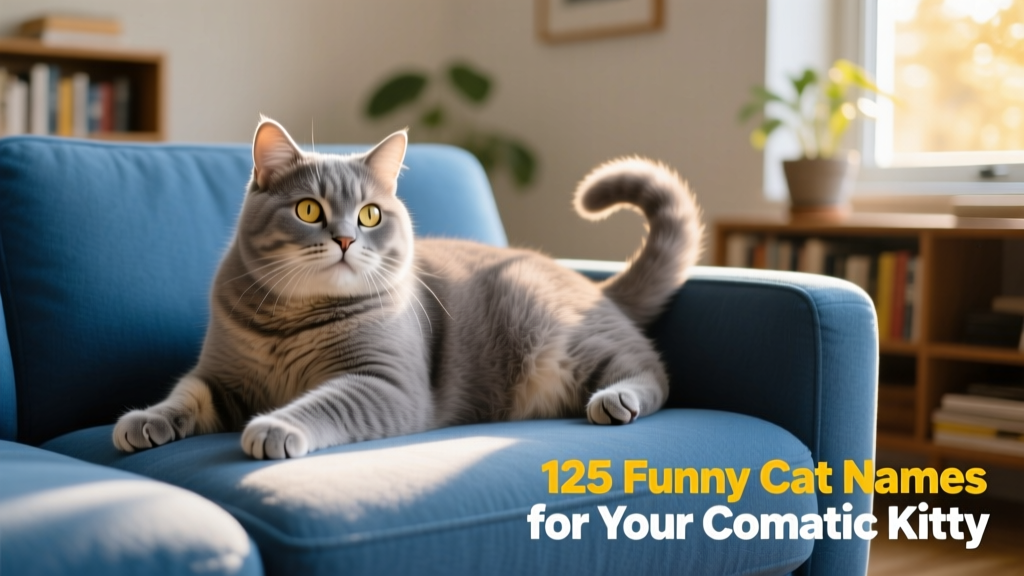 A grey fluffy cat lounging playfully across a cozy blue sofa