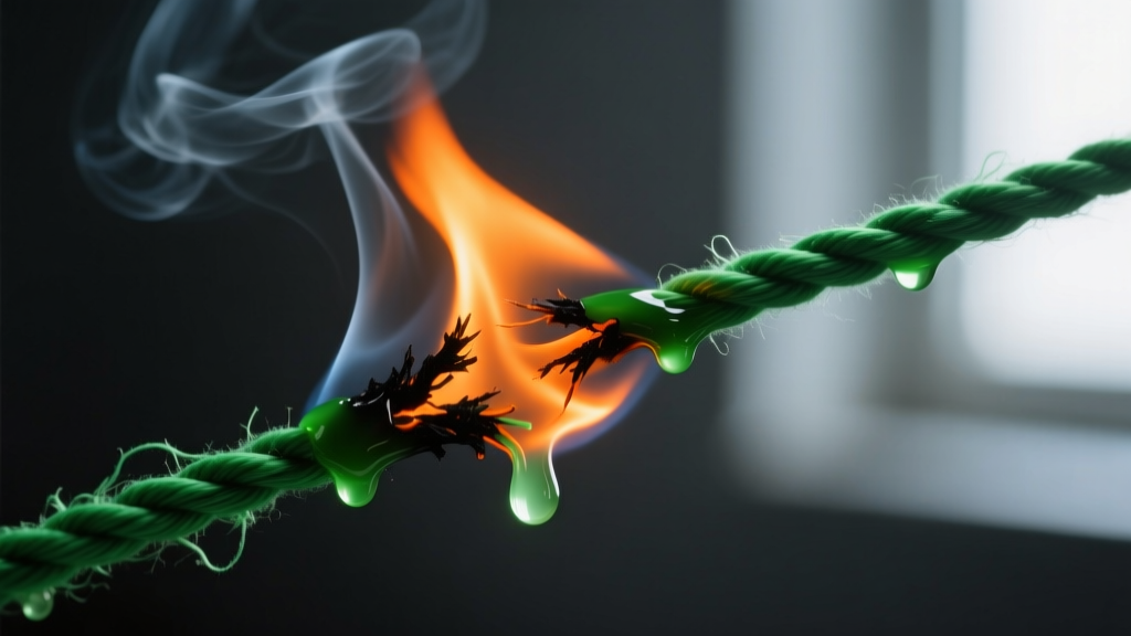Macro shot of a lighter melting a green nylon cord tip, showing an orange flame against a softly blurred dark background
