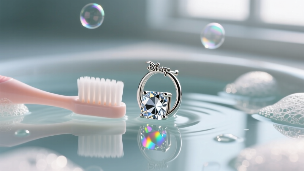 Soft baby toothbrush gently scrubbing cubic zirconia on a silver Disney princess hoop earring submerged in mild soapy water.