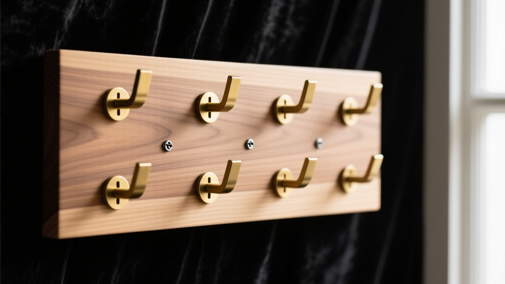 Solid brass display hooks installed into a wooden backing plate using steel micro-screws, shown against a dark velvet backdrop.