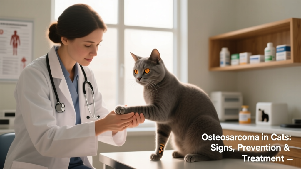 Veterinarian gently examining a cat’s leg during a wellness check, with calm lighting and focused expression