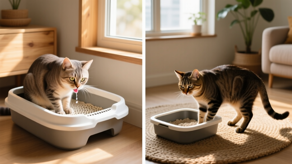 Side-by-side comparison: healthy cat urinating comfortably in a clean litterbox vs. a distressed cat straining near the box