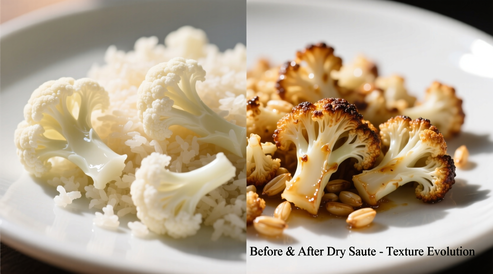 Cauliflower rice texture comparison before and after dry sauté