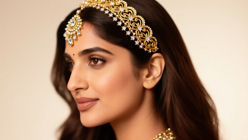 South Asian bride wearing a 22k gold and uncut diamond maang tikka headband jewelry, soft warm studio lighting, close-up profile