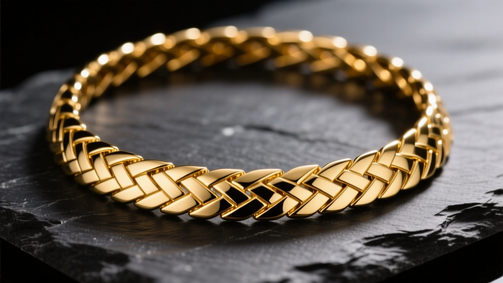Close-up of a 24k pure gold herringbone necklace on dark slate, lit by warm light to highlight its flawless high-polish luster.