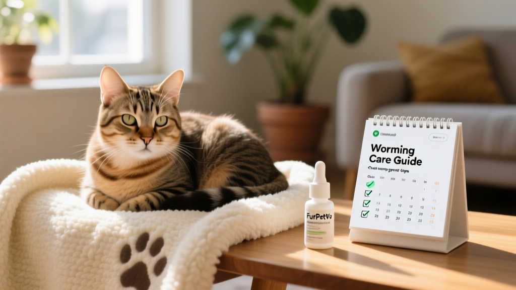 Cat resting comfortably on a soft blanket, with a small bottle of FurPetVo dewormer and a digital calendar reminder on a nearby table