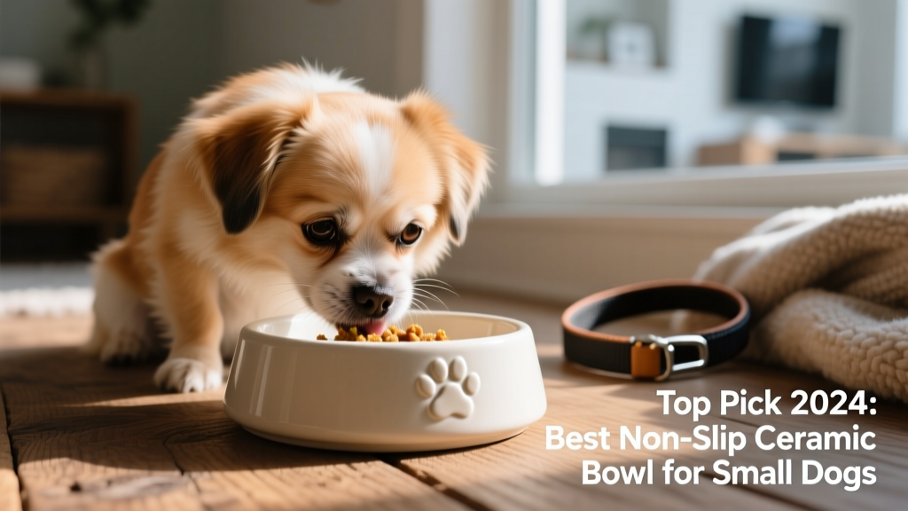 Close-up of a small dog calmly eating from a low-profile, non-slip ceramic bowl with a subtle paw-print design