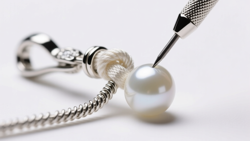 Macro shot of a jewelry awl pushing a tight silk knot against a white bead, with a sterling silver clasp and French wire visible.