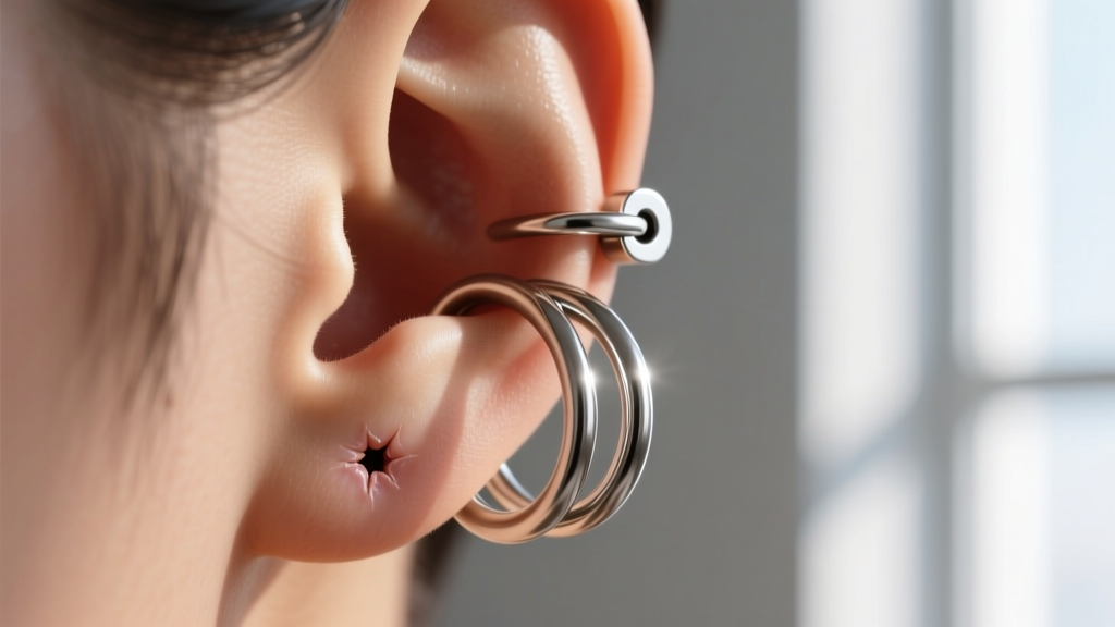 Close-up of 18-gauge titanium triple hoop earring in helix piercing, showing secure clicker clasp mechanism against healed skin