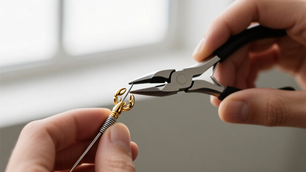 Jeweler using flat-nose pliers to secure a 1mm micro-crimp tube over 0.012-inch steel wire onto a 5mm gold lobster clasp.