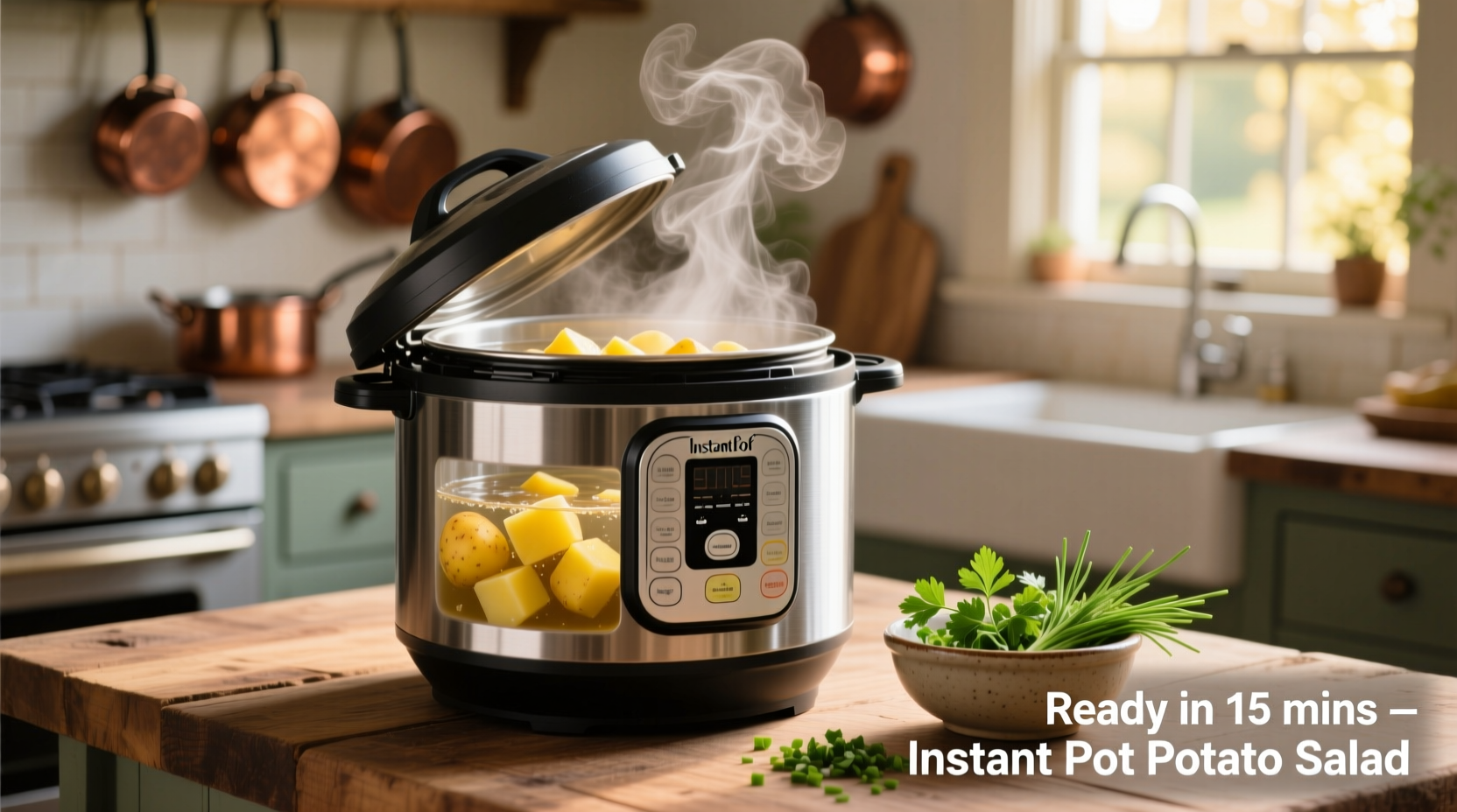 Instant Pot with steaming potato cubes for salad