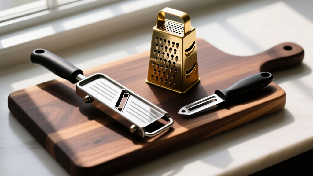 Overhead shot of premium Japanese mandoline slicer, brass rotary grater, and matte-black vegetable peeler arranged on dark walnut butcher block