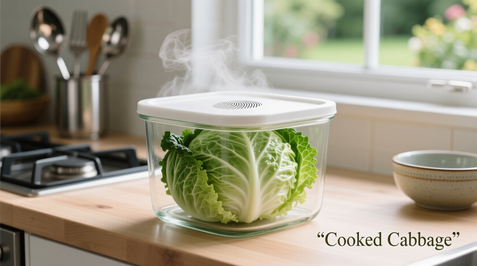 Cooked cabbage in glass storage container