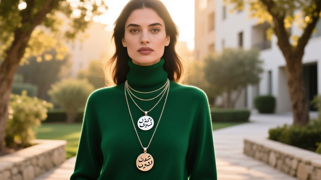 A woman wearing a layered 18-inch and 20-inch Rumi poetry necklace over a deep emerald green modest turtleneck sweater outdoors