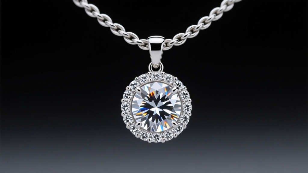 Macro shot of VVS moissanite iced-out pendant with halo setting on thick rope chain, sparkling under direct studio lighting.