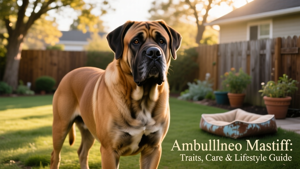 A calm, muscular Ambullneo Mastiff standing confidently in a sunlit backyard, showing its broad head and sturdy build