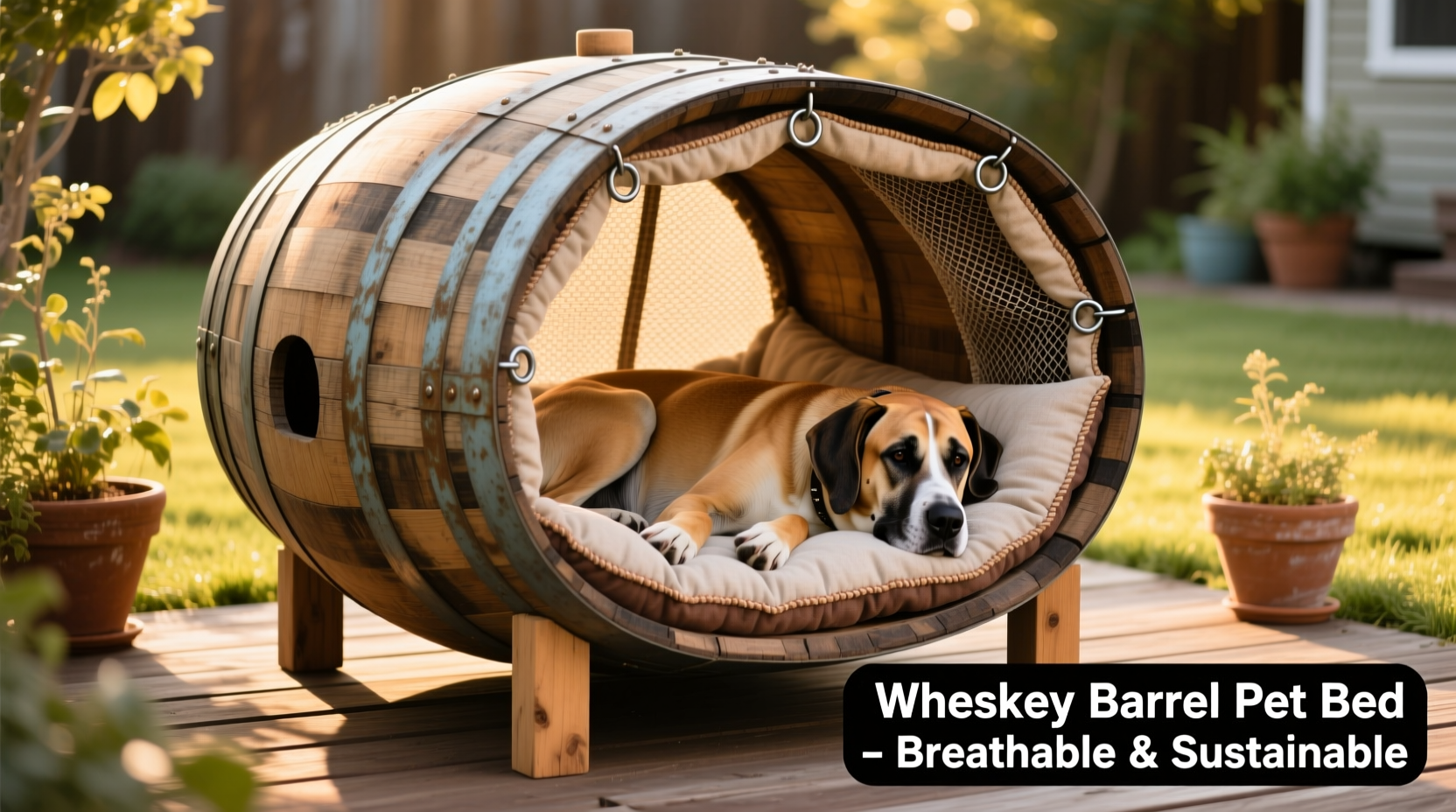 how to repurpose empty whiskey barrels as pet beds for large dogs with breathable lining
