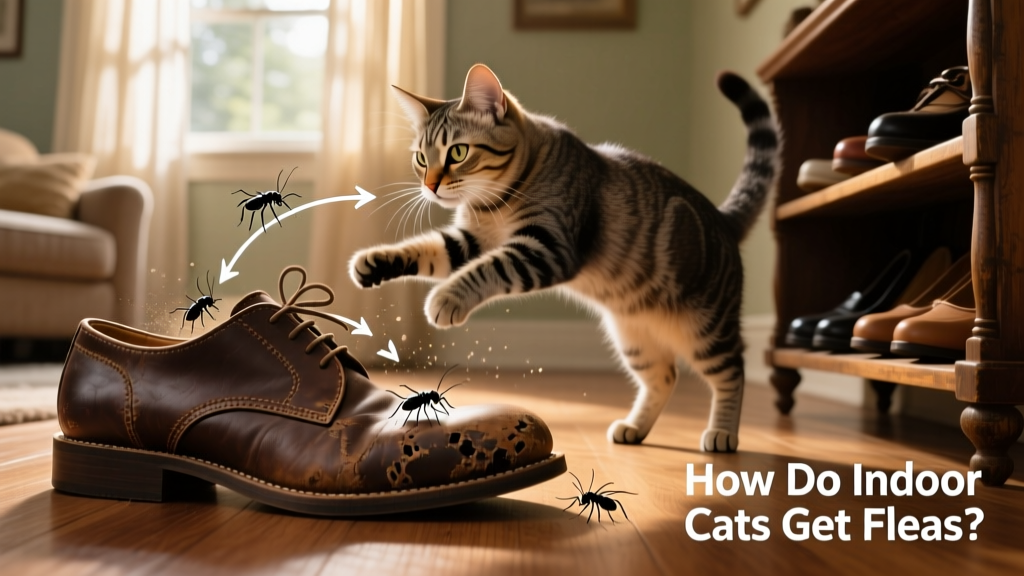Illustration showing fleas jumping from a shoe onto a cat’s back, with arrows indicating transmission pathways