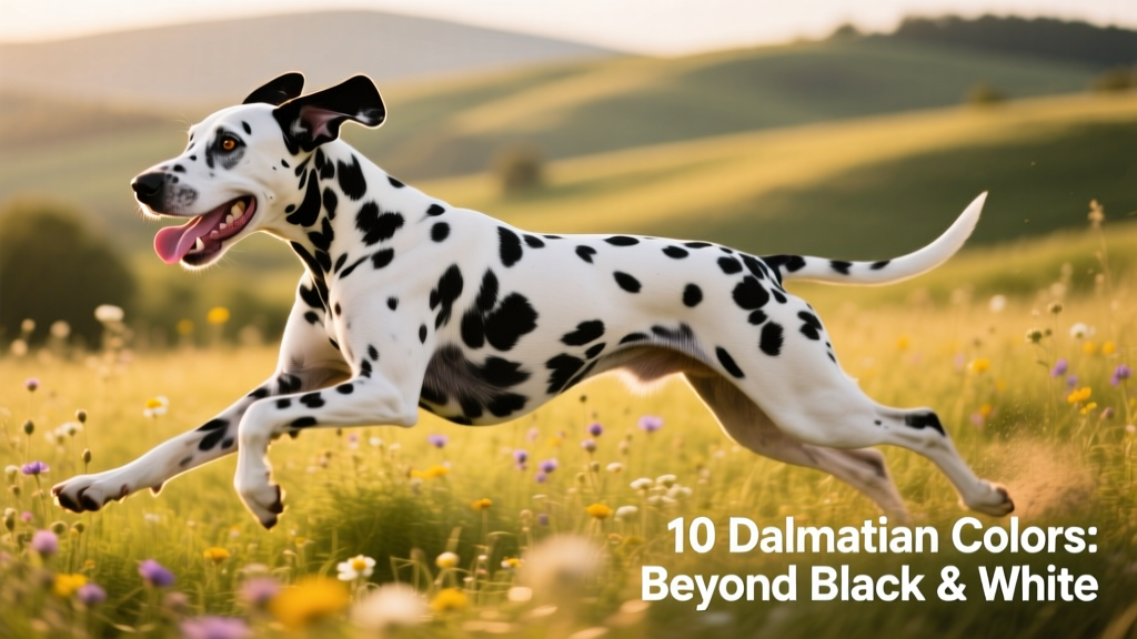 A happy, active Dalmatian mid-gallop in a sunlit field, showcasing its muscular build and glossy coat