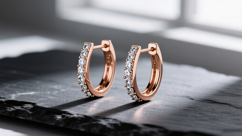 Close-up of 18k rose gold Messika Move Mono diamond earrings on dark slate, soft lighting highlighting the sliding diamonds