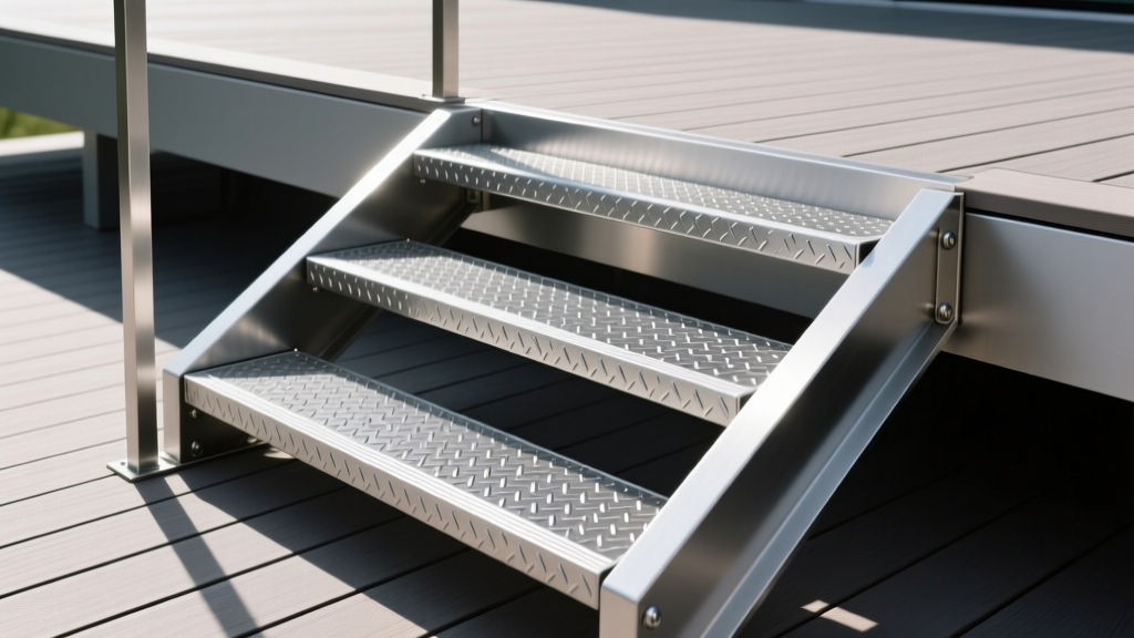 Close-up of heavy-duty aluminum deck stairs with anti-slip grit treads and steel stringers installed on a modern composite deck.