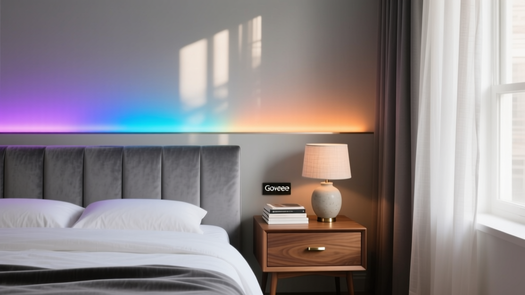 Modern bedroom with glowing Govee RGBIC LED strip lights behind a grey upholstered headboard and a tidy wooden nightstand
