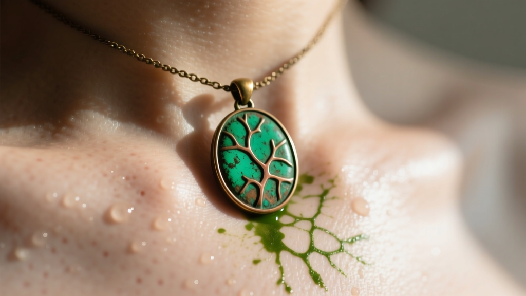 Close-up of skin with a green stain beneath a brass pendant, showing the reaction between copper alloys and acidic sweat.