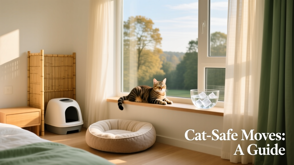 A serene, sunlit bedroom set up as a cat-safe zone: bed, litter box, water bowl, and window perch visible
