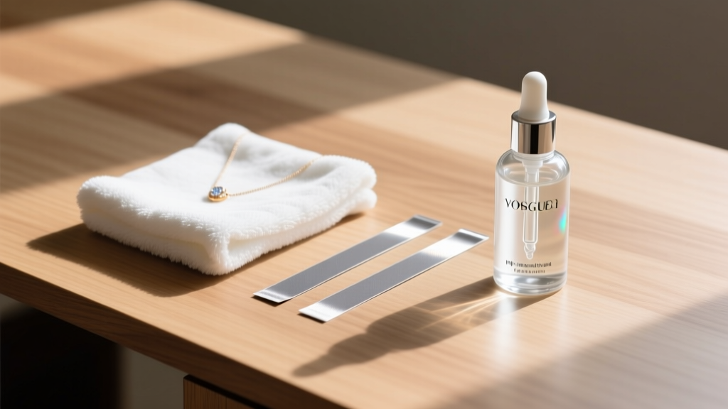Jewelry care kit with a soft microfiber cloth, anti-tarnish strips, and a mild pH-neutral cleaning solution on a wood desk.