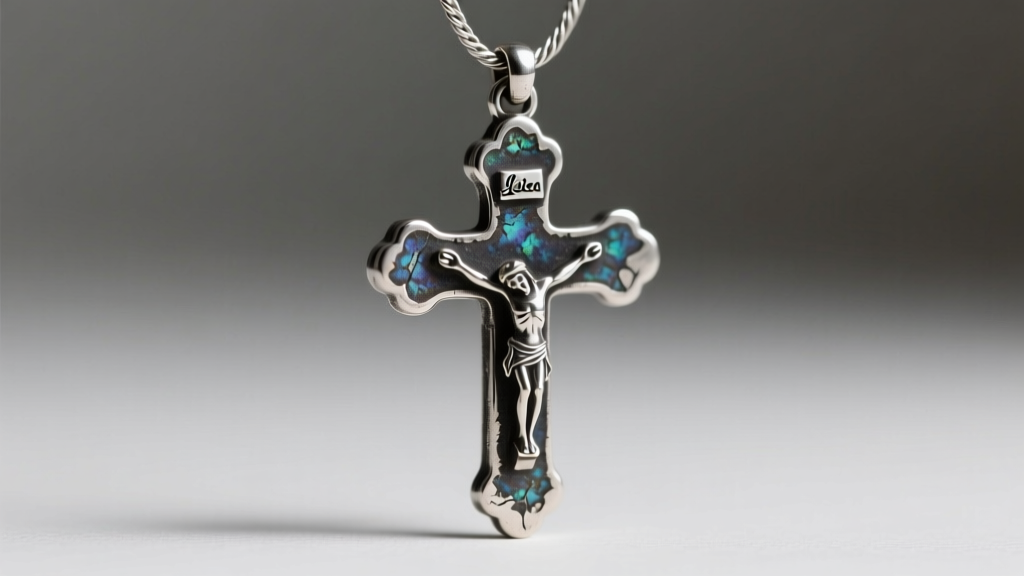 Close-up of a tarnished sterling silver crucifix pendant on a delicate cable chain, showing intentional oxidation in the crevices