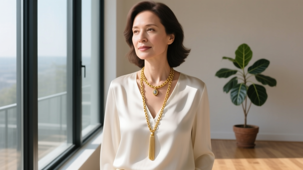 Woman in a V-neck silk blouse wearing a 24-inch matinee gold lariat necklace, showing the vertical drape in natural daylight.