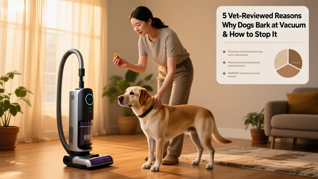 A trainer gently guiding a dog through a step-by-step FurPetVo vacuum desensitization session using treats and calm cues