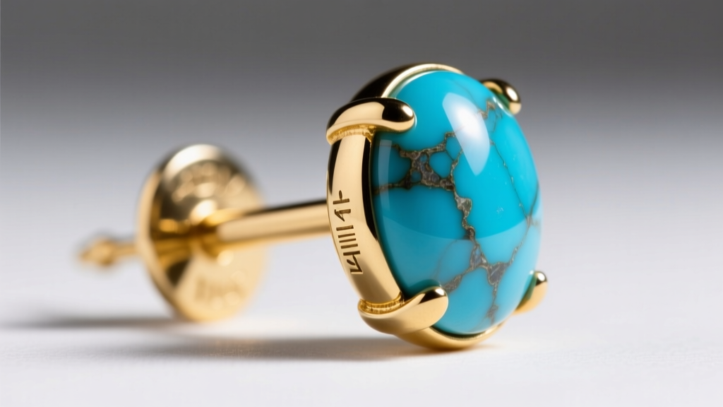 Macro shot of a newly soldered 14k yellow gold earring post attached to the back of a polished vintage turquoise cabochon
