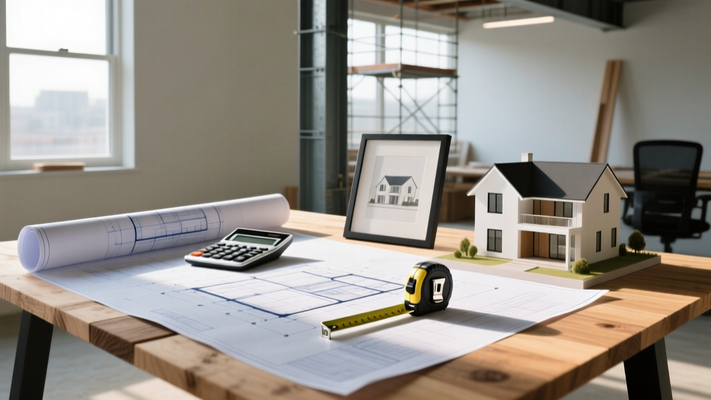 Architectural blueprints spread on a plywood table next to a calculator, tape measure, and framed house model in a sunlit construction office