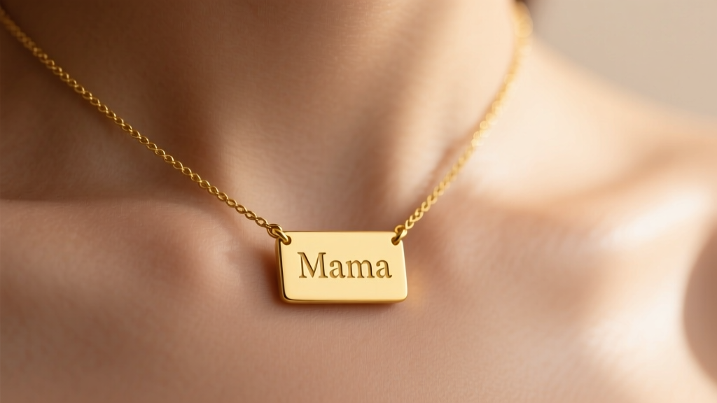 Close-up of a solid 14k yellow gold mama necklace with a delicate cable chain and minimalist sans-serif engraved pendant on skin
