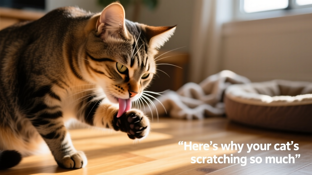 Close-up of a cat licking its paw, showing focused grooming behavior