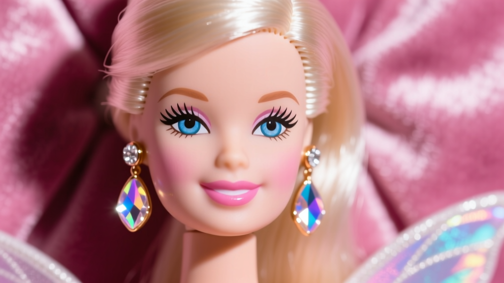 Macro shot of vintage Magic Fairy Barbie doll head wearing tiny iridescent crystal drop earrings on pink velvet.