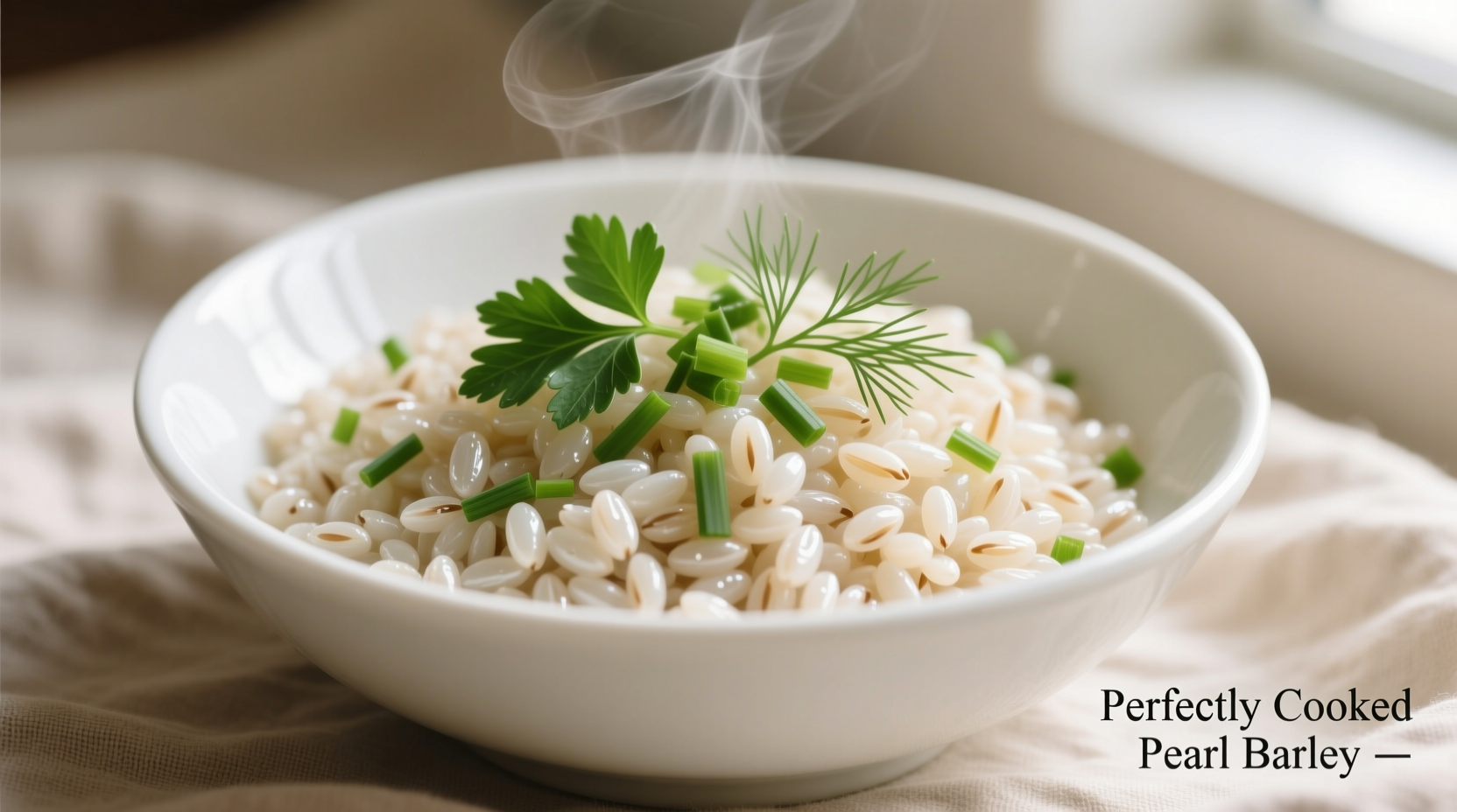 Perfectly cooked pearl barley in a white bowl with fresh herbs