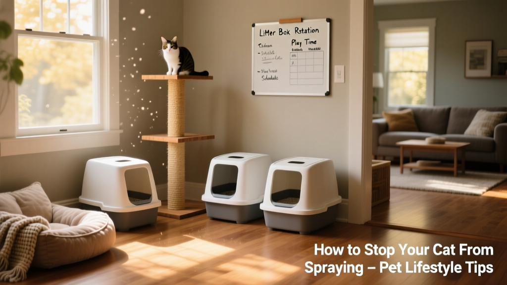 A clean, well-maintained multi-cat household setup with three litter boxes, scratching posts, and quiet resting areas