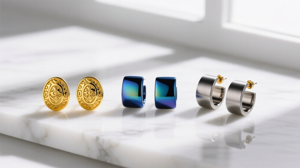 Three pairs of earrings laid on white marble: yellow gold, anodized blue niobium, and matte titanium, shot from above