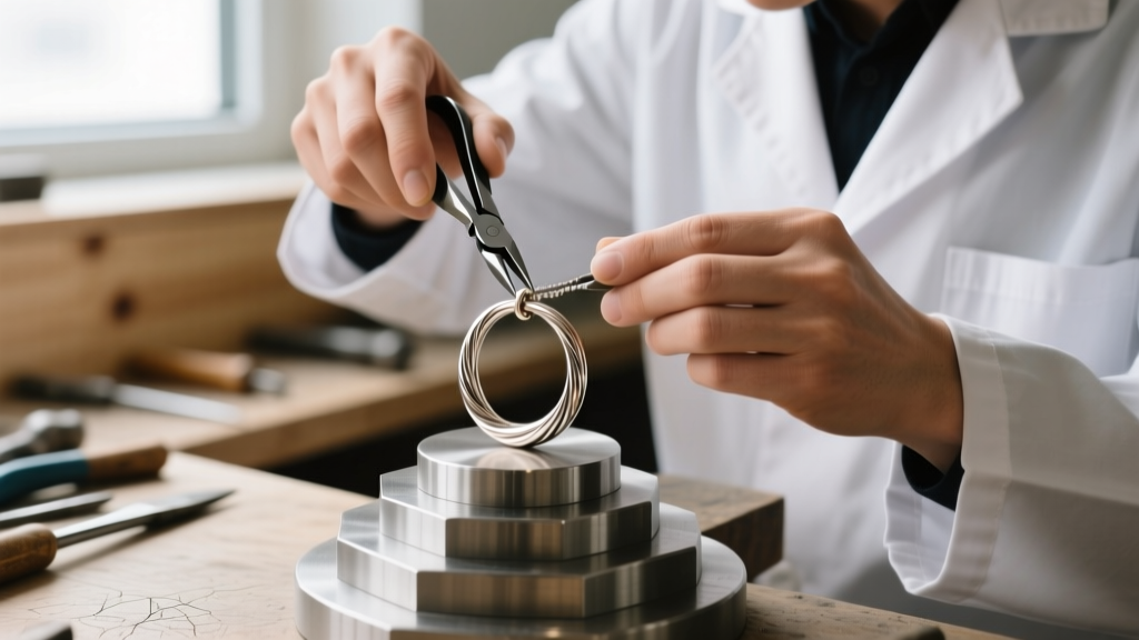 Jeweler using nylon pliers to gently reshape a warped titanium open circle necklace pendant on a stepped steel ring mandrel.