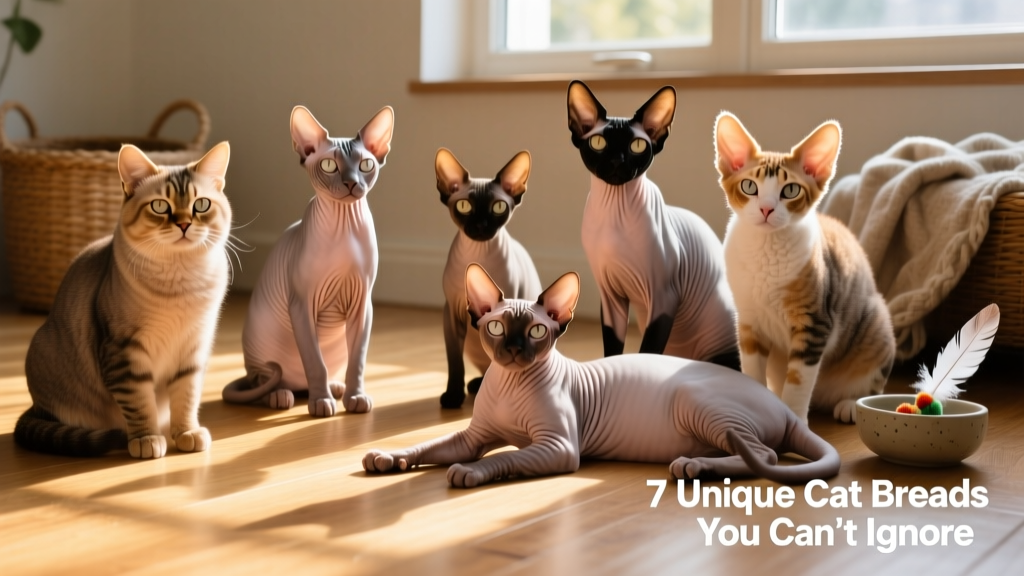 A group of distinctive-looking cats including a Scottish Fold, Sphynx, and Devon Rex posed together