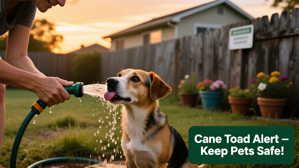 A person rinsing a small dog's mouth with a garden hose outdoors at dusk