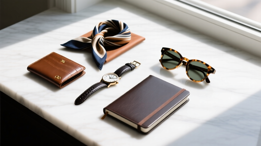 Flat lay of men's jewelry featuring a gold huggie hoop, black onyx stud, and seamless titanium cartilage ring on textured linen